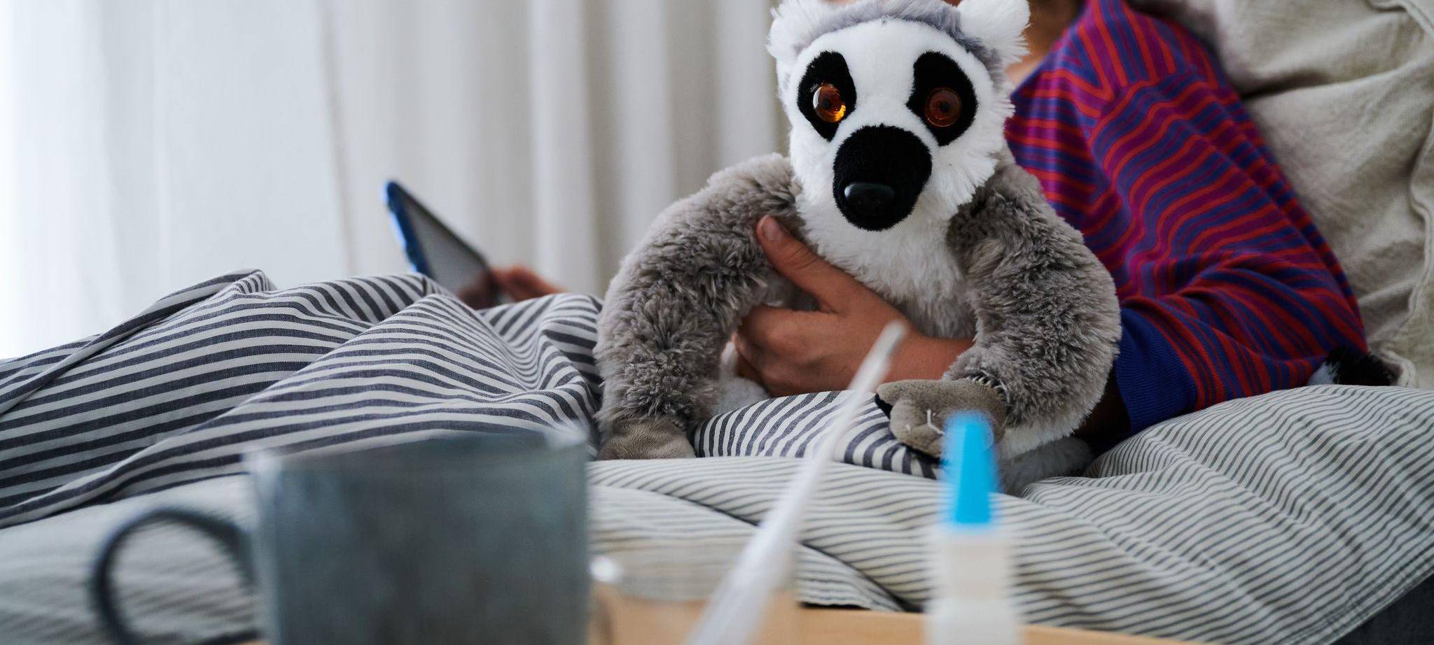 Krankes Kind liegt mit einem Kuscheltier im Bett